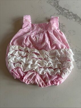 Vintage Pink Baby Bubble Romper with White Bow Print